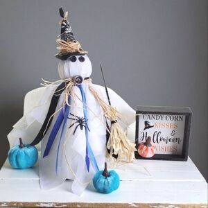Halloween Bedspring Ghost Decor with Blue Pumpkins & Sign Homecrafted